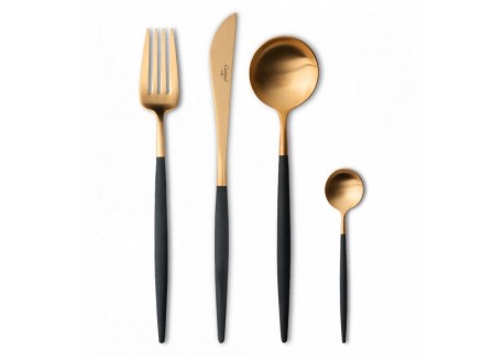 Goa Set Couverts 24 pcs Or Brossé Manche Noir + Coffret en Bois