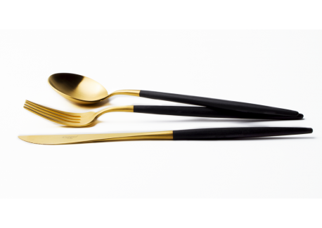 Goa Set Couverts 24 pcs Or Brossé Manche Noir + Coffret en Bois