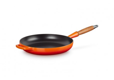 Poêle Signature Fonte Emaillée Manche en Bois 28 cm Orange Volcanique
