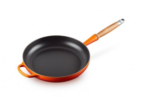 Poêle Signature Fonte Emaillée Manche en Bois 28 cm Orange Volcanique