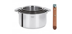Casteline 5 Set Casseroles Inox Brillant 4 pcs + Manche Amovible Bois