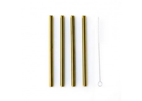 Pailles Courtes Réutilisables en Inox Or 4 pcs + Goupillon