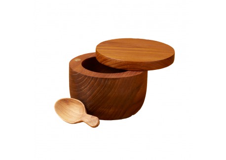 Pot à sel en Bois  Teck avec Couvercle et Cuillère 