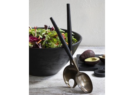 Saladebestek Zwart Handvat Mangohout 33,5 cm
