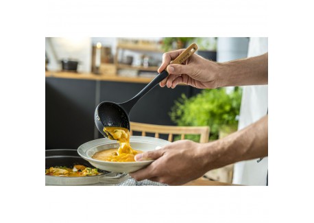 Louche à Soupe Silicone Noir Manche Bois 31 cm