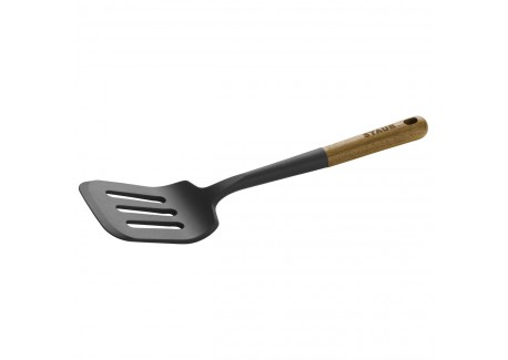 Spatule Ajourée Silicone Noir Manche Bois 31 cm
