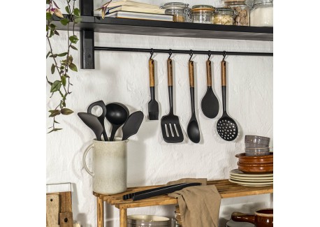 Spatule Ajourée Silicone Noir Manche Bois 31 cm