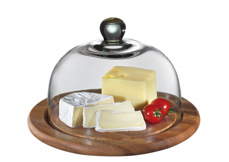 Acaciahout Rond Kaasblad met Glazen Cloche 30 cm