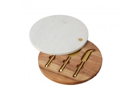Plateau à Fromage Rond Marbre avec Set de Couteaux 30 cm