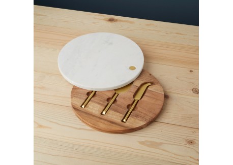 Plateau à Fromage Rond Marbre avec Set de Couteaux 30 cm
