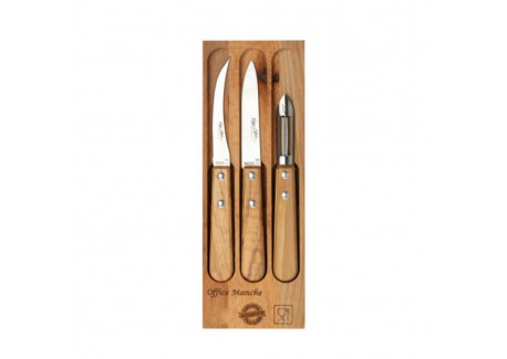 Coffret Couteaux et Eplucheur 3 pcs Inox Manche en Bois Olivier