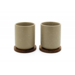 Uméa Set 2 Tasses Céramique 20 cl  Beige Sable + Support Bois Acacia -