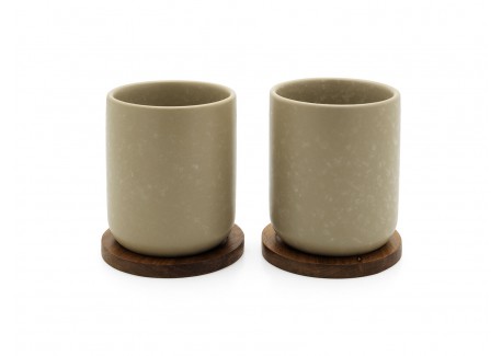 Uméa Set 2 Tasses Céramique 20 cl  Beige Sable + Support Bois 
