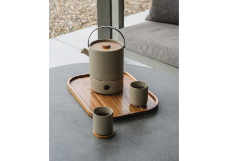 Uméa Set 2 Tasses Céramique 20 cl  Beige Sable + Support Bois Acacia -