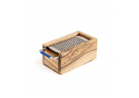 Parmezaanse kaasrasp met rechthoekige olijfhouten doos 15x7 cm