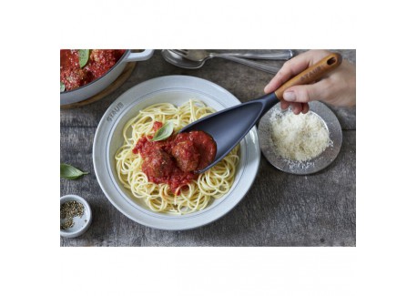 Spatule Cuillère Silicone Noir Manche Bois 30 cm