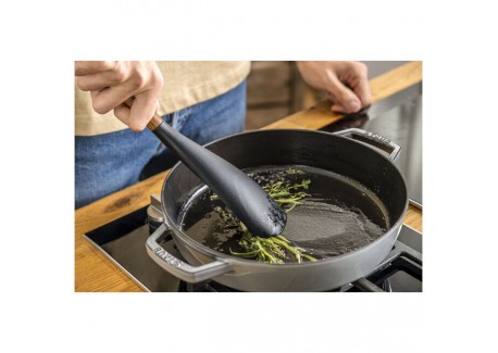 Spatule Cuillère Silicone Noir Manche Bois 30 cm