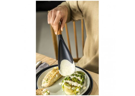 Spatule Cuillère Silicone Noir Manche Bois 30 cm