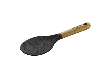 Zwarte siliconen rijstlepel met houten handvat 22 cm