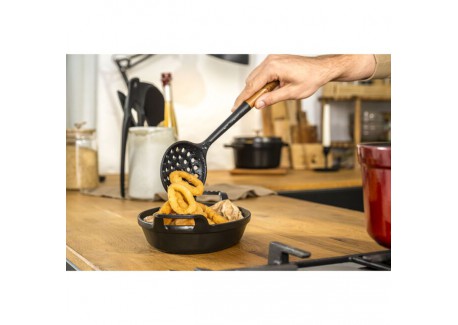 Ecumoire Friture Silicone Noir Manche Bois 31 cm