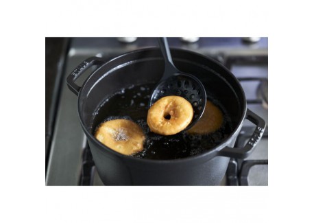 Ecumoire Friture Silicone Noir Manche Bois 31 cm