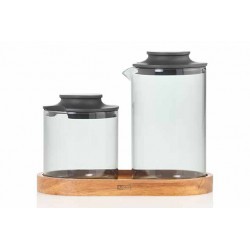 Impact Pot à Lait et Sucrier Verre Gris avec Couvercle + Plateau Bois