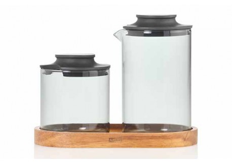 Impact Melkkan en Suikerpot Grijs Glas + Acaciahouten Dienblad