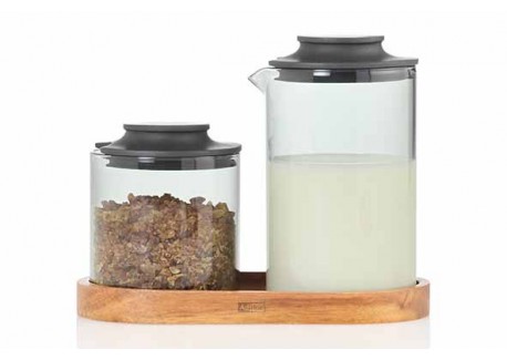Impact Pot à Lait et Sucrier Verre Gris avec Couvercle + Plateau Bois