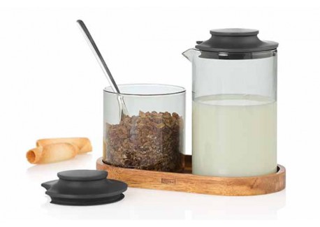 Impact Melkkan en Suikerpot Grijs Glas + Acaciahouten Dienblad