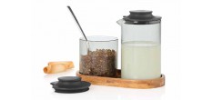 Impact Melkkan en Suikerpot Grijs Glas + Acaciahouten Dienblad