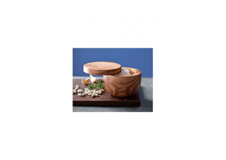 Pot à Sel Rond en Bois d'Olivier avec Couvercle Pivotant Ø10 cm