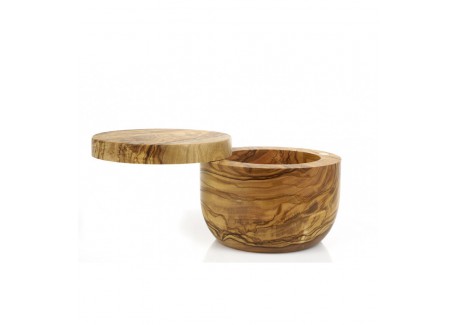 Pot à Sel Rond en Bois d'Olivier avec Couvercle Pivotant Ø10 cm
