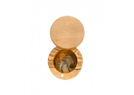 Pot à Sel Rond en Bois d'Olivier avec Couvercle Pivotant Ø10 cm