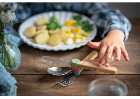 Le Petit Gourmet Kinderbestekset met Clips Koraal Groen en Blauw 3-del