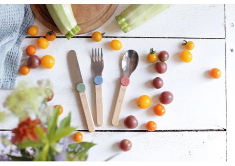 Le Petit Gourmet Kinderbestekset met Clips Koraal Groen en Blauw 3-del