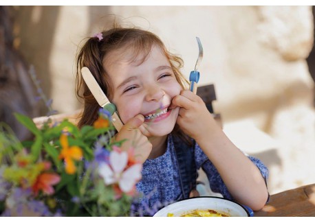 Le Petit Gourmet Kinderbestekset met Clips Koraal Groen en Blauw 3-del