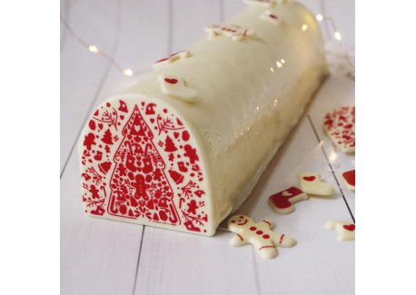 Moule de Transfert Chocolat Chablon Bûche et Décos Rouge Thème Noël -D