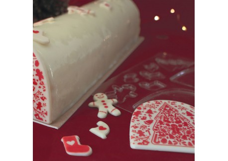 Chocoladetransfermal Chablon Bûche en Rode Kerstdecoraties