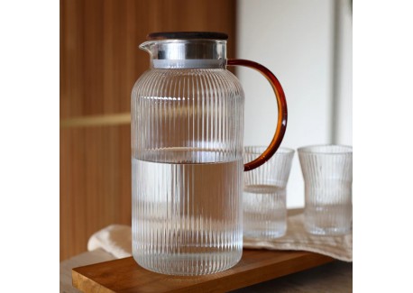 Karl Geribbelde Borosilicaatglazen Waterkaraf met Houten Deksel 2L