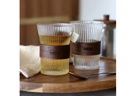 Karl Geribbelde Borosilicaatglas en Houten Theeglazen 0,25 L Set van 2