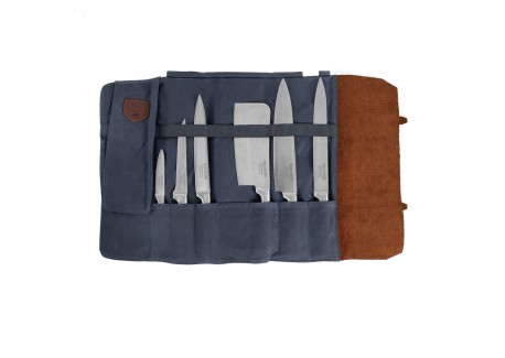Chef Etui Couteaux Pliant Cuir et Toile 9 Compartiments Bleu Marine 38