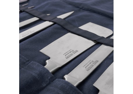 Chef Etui Couteaux Pliant Cuir et Toile 9 Compartiments Bleu Marine 38