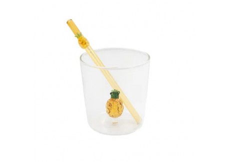 Ananas Set Glas 300 ml + Herbruikbare Geel Glazen Drinkrietje