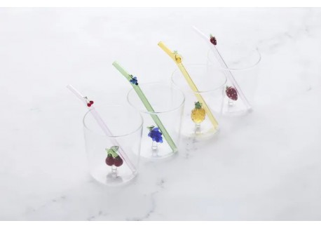 Ananas Set Glas 300 ml + Herbruikbare Geel Glazen Drinkrietje