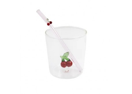 Cerise Verre à Eau Décor 3D 300 ml + Paille Réutilisable en Verre 