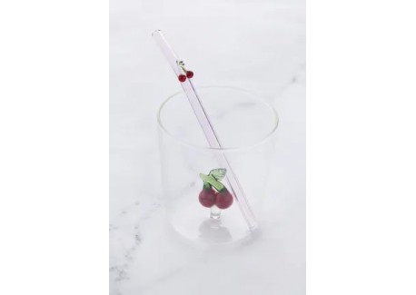 Kers Set Glas 300 ml + Herbruikbare Glazen Drinkrietje