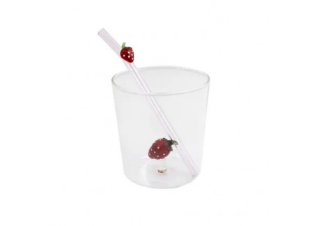 Fraise Verre à Eau Décor 3D 300 ml + Paille Réutilisable en Verre 