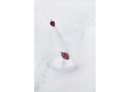 Fraise Verre à Eau Décor 3D 300 ml + Paille Réutilisable en Verre 