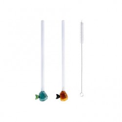 Pailles Réutilisables en Verre Motif Petit Poisson 2 pcs 20 cm + Goupi