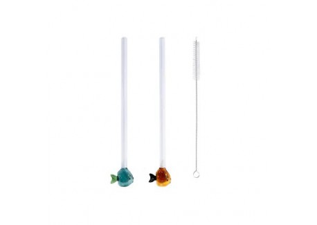 Glazen herbruikbare drinkrietjes met Kleine Vis 2 dlg 20 cm + Reinigin